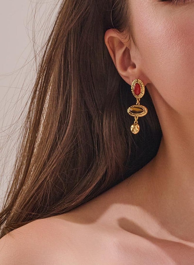 FAUTHENTICUTE Vintage Gold Dangle Earrings For Women Antique Gold Metal Settings With Imitation Red Carnelian And Brown Tiger Eye Stone Cabs Unique Earrings Gift - Image 2